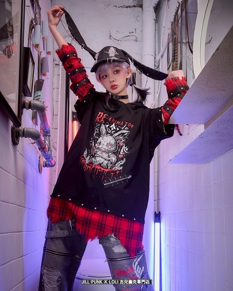 Jillpunk 可愛いパンク ハロウィン 動物 原宿V系 キラー兎 タータンチェック柄 スダッズ細工 フリンジ加工 アームカバー付き ゆったり 半袖 兎耳パーカー オリジナル メンズ レディーズ おしゃれ男女兼用ファッション カッコいい