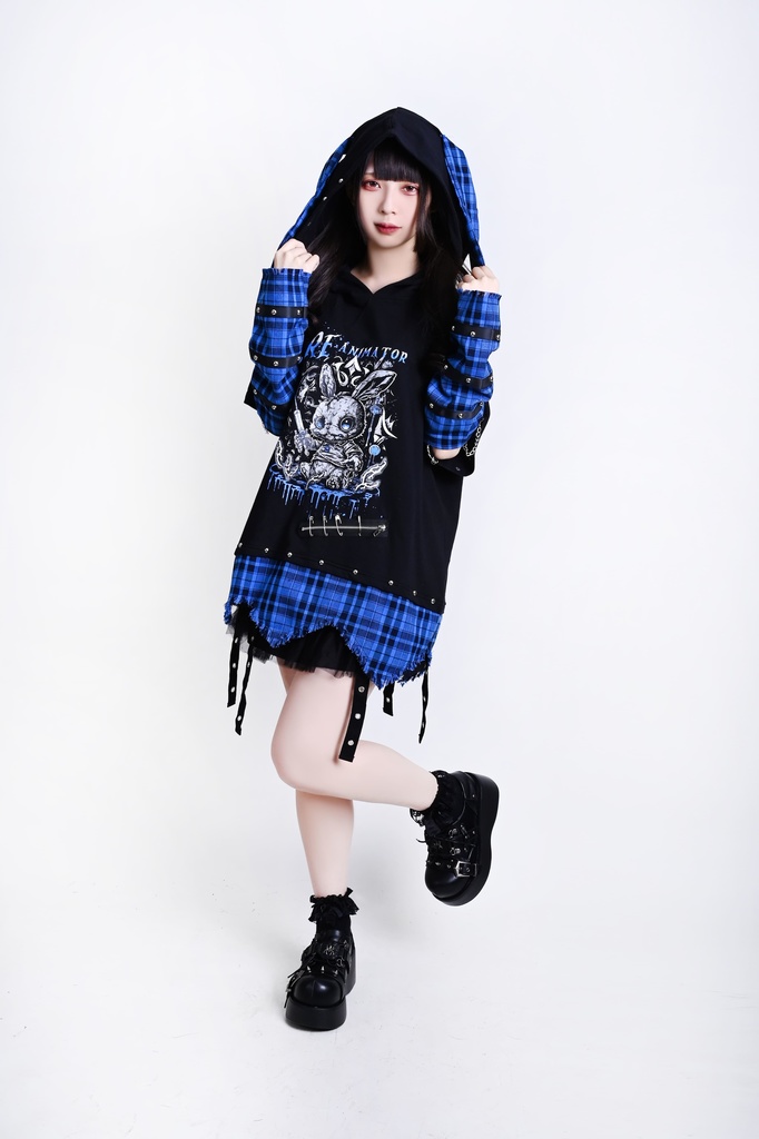 Jillpunk 可愛いパンク ハロウィン 動物 原宿V系 キラー兎 タータンチェック柄 スダッズ細工 フリンジ加工 アームカバー付き ゆったり 半袖 兎耳パーカー オリジナル メンズ レディーズ おしゃれ男女兼用ファッション カッコいい