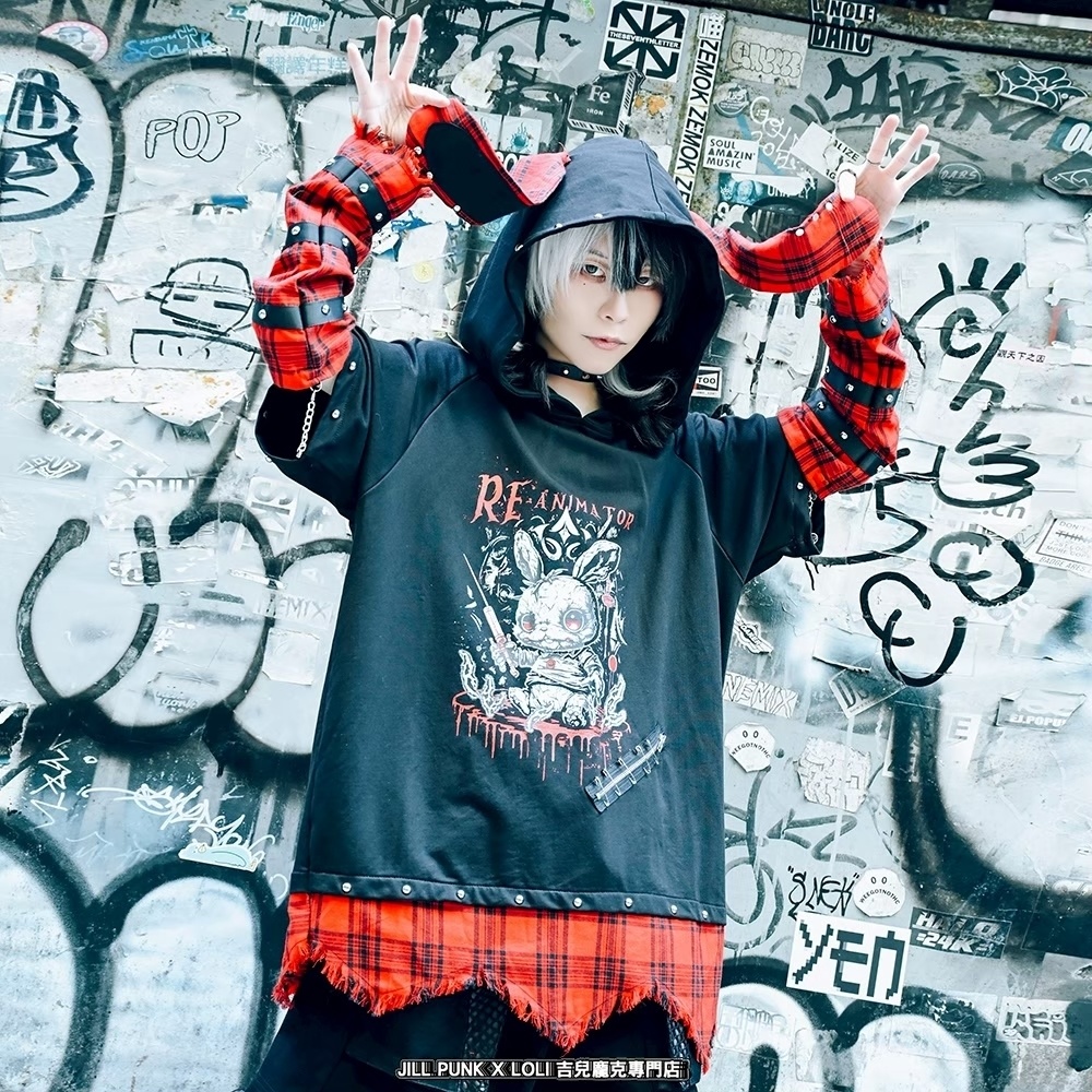 Jillpunk 可愛いパンク ハロウィン 動物 原宿V系 キラー兎 タータンチェック柄 スダッズ細工 フリンジ加工 アームカバー付き ゆったり 半袖 兎耳パーカー オリジナル メンズ レディーズ おしゃれ男女兼用ファッション カッコいい
