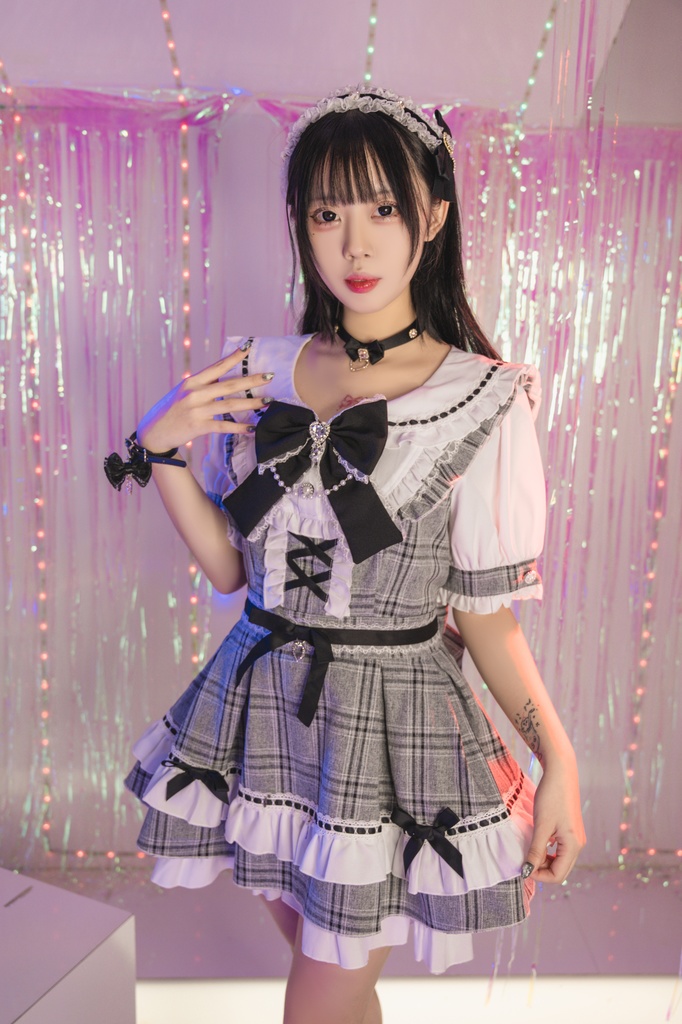 Jillpunk 量産型 地雷系 ロリータ アイドル スウィートハート リボン付き タータンチェック柄 セーラー服 フリルヘム 半袖シャツワンピースドレス オリジナル 姫系 可愛い おしゃれ ファッション萌え 秋葉原