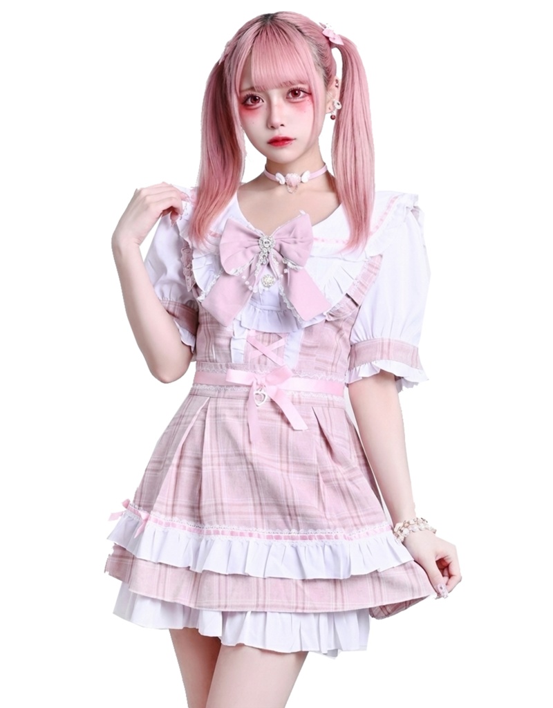 Jillpunk 量産型 地雷系 ロリータ アイドル スウィートハート リボン付き タータンチェック柄 セーラー服 フリルヘム 半袖シャツワンピースドレス オリジナル 姫系 可愛い おしゃれ ファッション萌え 秋葉原