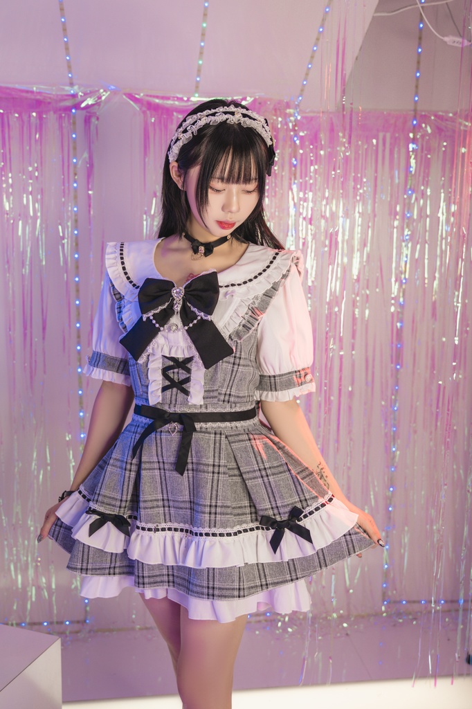 Jillpunk 量産型 地雷系 ロリータ アイドル スウィートハート リボン付き タータンチェック柄 セーラー服 フリルヘム 半袖シャツワンピースドレス オリジナル 姫系 可愛い おしゃれ ファッション萌え 秋葉原