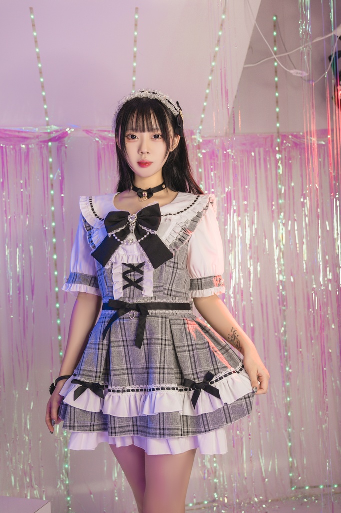 Jillpunk 量産型 地雷系 ロリータ アイドル スウィートハート リボン付き タータンチェック柄 セーラー服 フリルヘム 半袖シャツワンピースドレス オリジナル 姫系 可愛い おしゃれ ファッション萌え 秋葉原