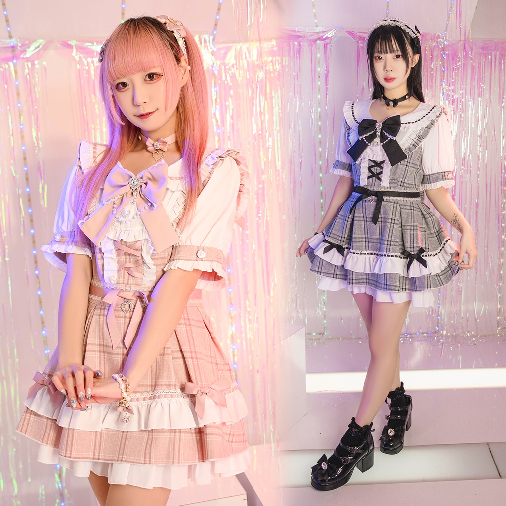 Jillpunk 量産型 地雷系 ロリータ アイドル スウィートハート リボン付き タータンチェック柄 セーラー服 フリルヘム 半袖シャツワンピースドレス オリジナル 姫系 可愛い おしゃれ ファッション萌え 秋葉原