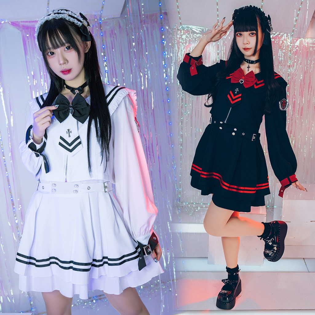 Jillpunk アニメ プレッピー 和洋折衷 ニ次コン 大天使学園 校章アームパッチ付き 長袖セーラー服 JK制服ワンピース オリジナルパンク メンズ レディース V系 和洋ミックス カッコいい おしゃれ