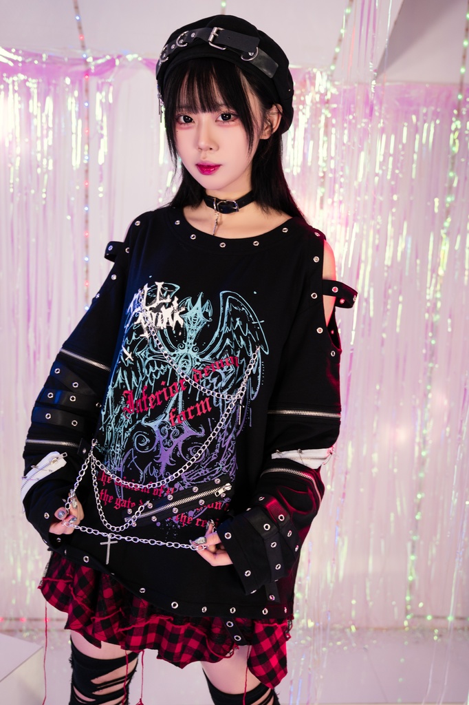 Jillpunk 王道パンク ロック 天使降臨 アイレットベルト 十字架チェーン付き オフショルダー 取り外し可能な袖 カットソーTシャツ メンズ レディーズ V系 おしゃれ男女兼用カッコいい ファッション