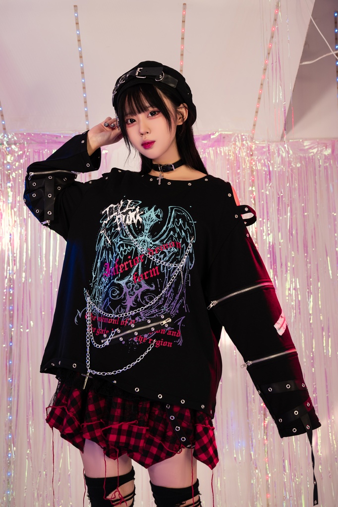 Jillpunk 王道パンク ロック 天使降臨 アイレットベルト 十字架チェーン付き オフショルダー 取り外し可能な袖 カットソーTシャツ メンズ レディーズ V系 おしゃれ男女兼用カッコいい ファッション