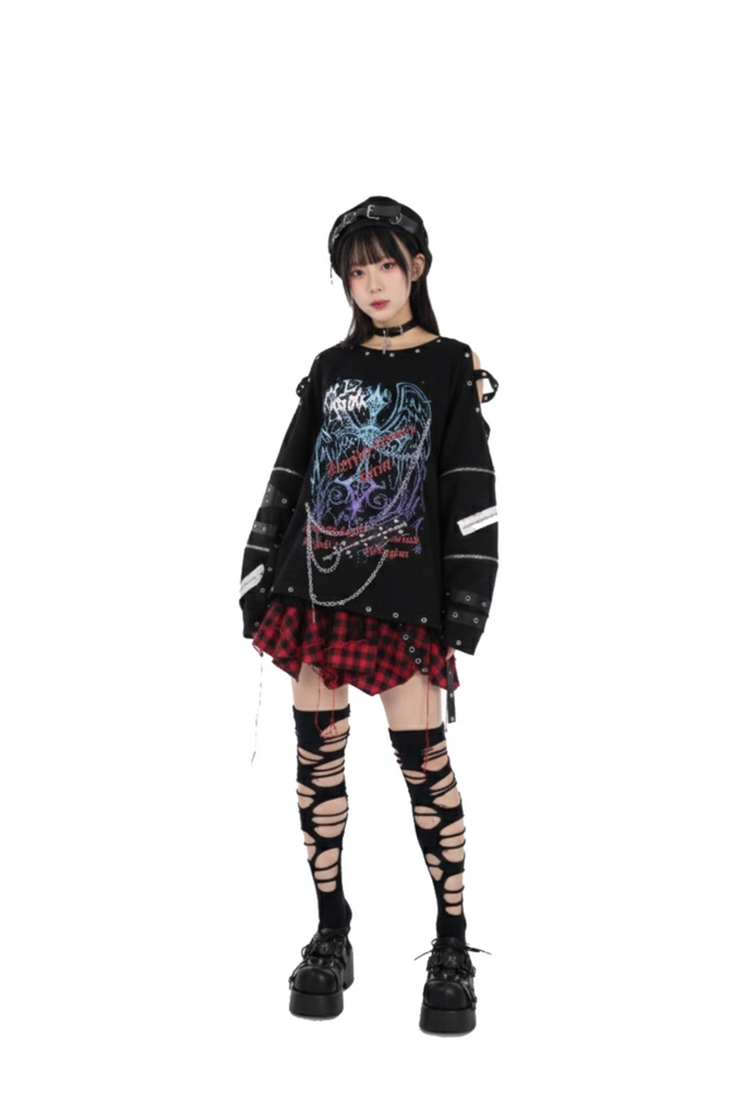 Jillpunk 王道パンク ロック 天使降臨 アイレットベルト 十字架チェーン付き オフショルダー 取り外し可能な袖 カットソーTシャツ メンズ レディーズ V系 おしゃれ男女兼用カッコいい ファッション