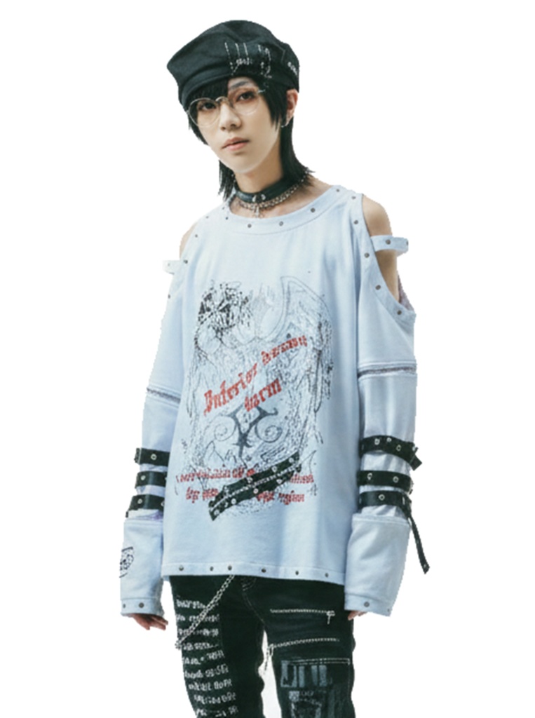 Jillpunk 王道パンク ロック 天使降臨 アイレットベルト 十字架チェーン付き オフショルダー 取り外し可能な袖 カットソーTシャツ メンズ レディーズ V系 おしゃれ男女兼用カッコいい ファッション