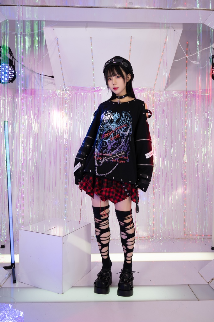 Jillpunk 王道パンク ロック 天使降臨 アイレットベルト 十字架チェーン付き オフショルダー 取り外し可能な袖 カットソーTシャツ メンズ レディーズ V系 おしゃれ男女兼用カッコいい ファッション