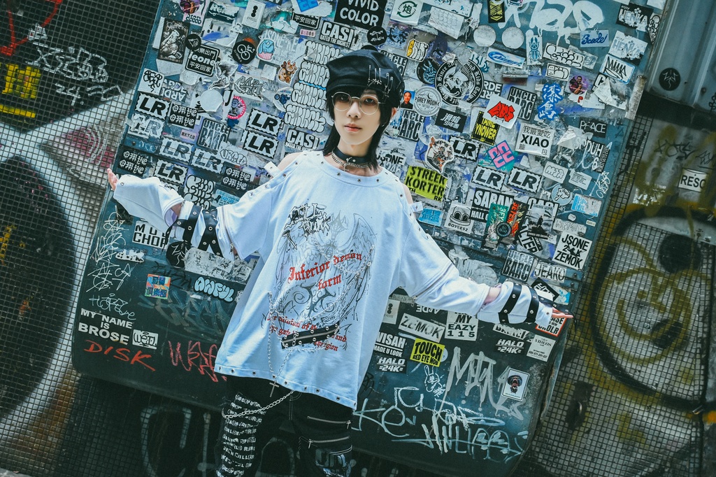 Jillpunk 王道パンク ロック 天使降臨 アイレットベルト 十字架チェーン付き オフショルダー 取り外し可能な袖 カットソーTシャツ メンズ レディーズ V系 おしゃれ男女兼用カッコいい ファッション