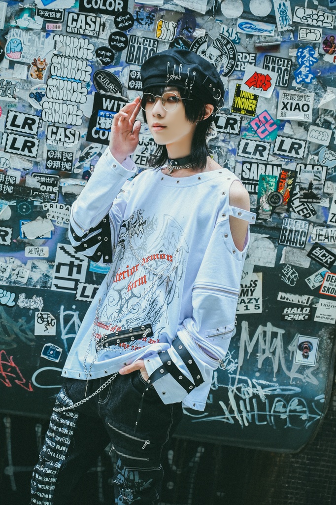 Jillpunk 王道パンク ロック 天使降臨 アイレットベルト 十字架チェーン付き オフショルダー 取り外し可能な袖 カットソーTシャツ メンズ レディーズ V系 おしゃれ男女兼用カッコいい ファッション