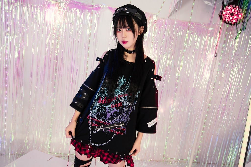 Jillpunk 王道パンク ロック 天使降臨 アイレットベルト 十字架チェーン付き オフショルダー 取り外し可能な袖 カットソーTシャツ メンズ レディーズ V系 おしゃれ男女兼用カッコいい ファッション