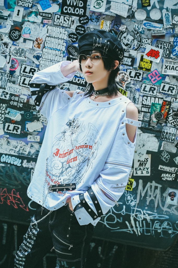 Jillpunk 王道パンク ロック 天使降臨 アイレットベルト 十字架チェーン付き オフショルダー 取り外し可能な袖 カットソーTシャツ メンズ レディーズ V系 おしゃれ男女兼用カッコいい ファッション