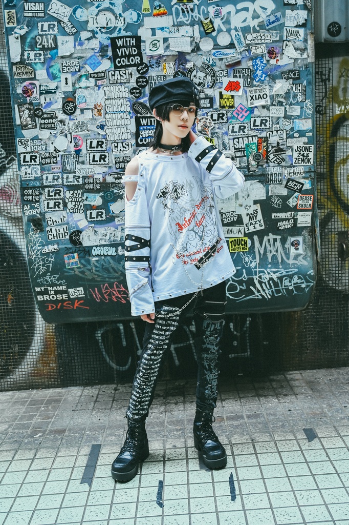 Jillpunk 王道パンク ロック 天使降臨 アイレットベルト 十字架チェーン付き オフショルダー 取り外し可能な袖 カットソーTシャツ メンズ レディーズ V系 おしゃれ男女兼用カッコいい ファッション