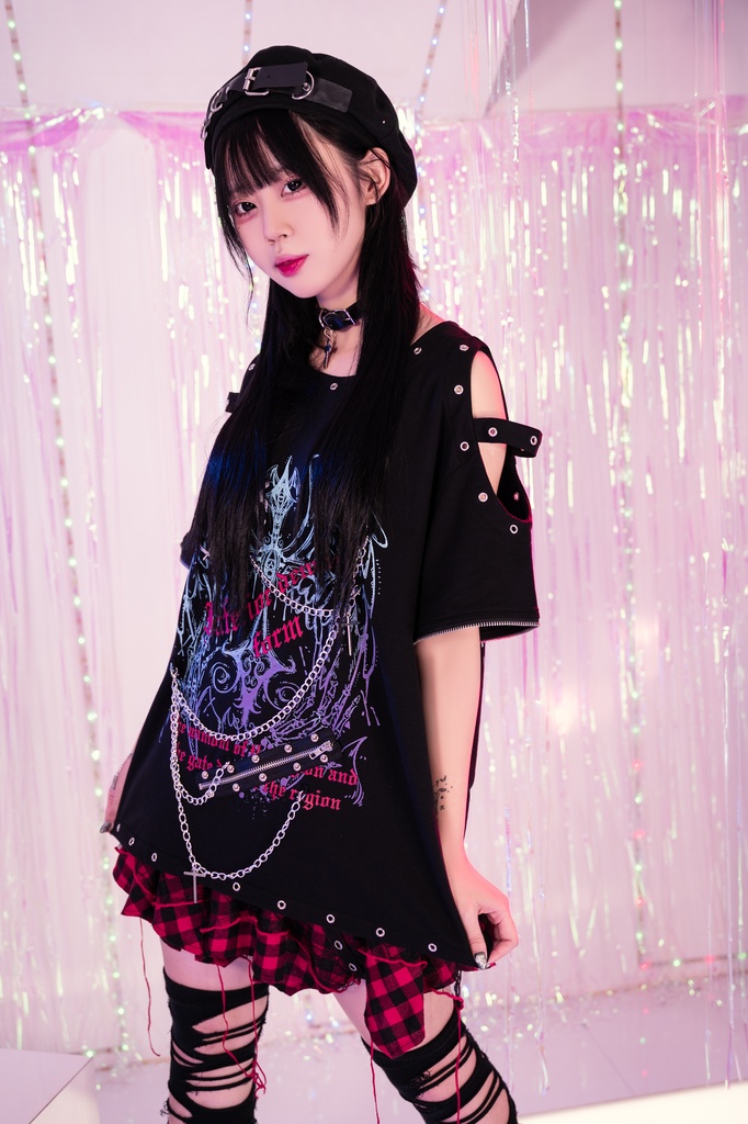 Jillpunk 王道パンク ロック 天使降臨 アイレットベルト 十字架チェーン付き オフショルダー 取り外し可能な袖 カットソーTシャツ メンズ レディーズ V系 おしゃれ男女兼用カッコいい ファッション