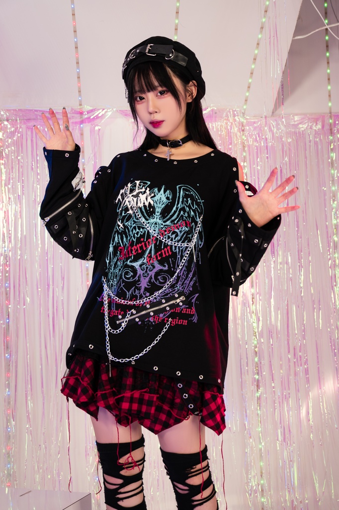 Jillpunk 王道パンク ロック 天使降臨 アイレットベルト 十字架チェーン付き オフショルダー 取り外し可能な袖 カットソーTシャツ メンズ レディーズ V系 おしゃれ男女兼用カッコいい ファッション