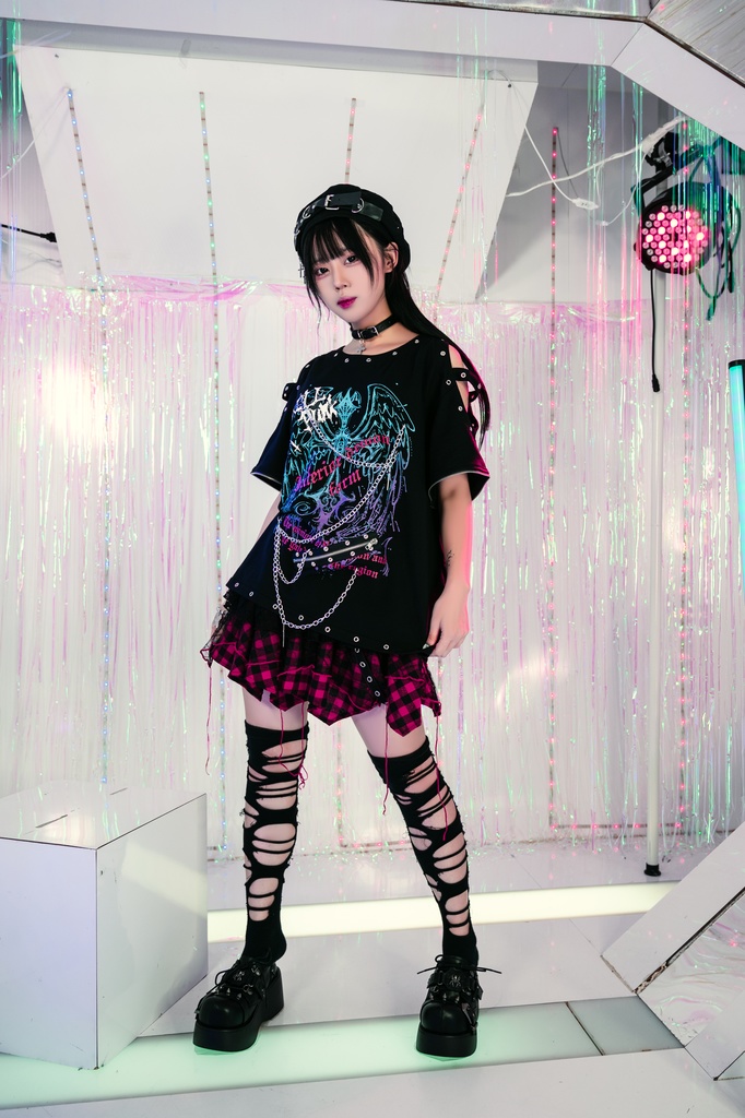 Jillpunk 王道パンク ロック 天使降臨 アイレットベルト 十字架チェーン付き オフショルダー 取り外し可能な袖 カットソーTシャツ メンズ レディーズ V系 おしゃれ男女兼用カッコいい ファッション