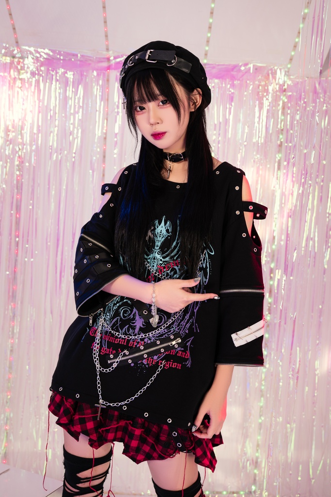 Jillpunk 王道パンク ロック 天使降臨 アイレットベルト 十字架チェーン付き オフショルダー 取り外し可能な袖 カットソーTシャツ メンズ レディーズ V系 おしゃれ男女兼用カッコいい ファッション