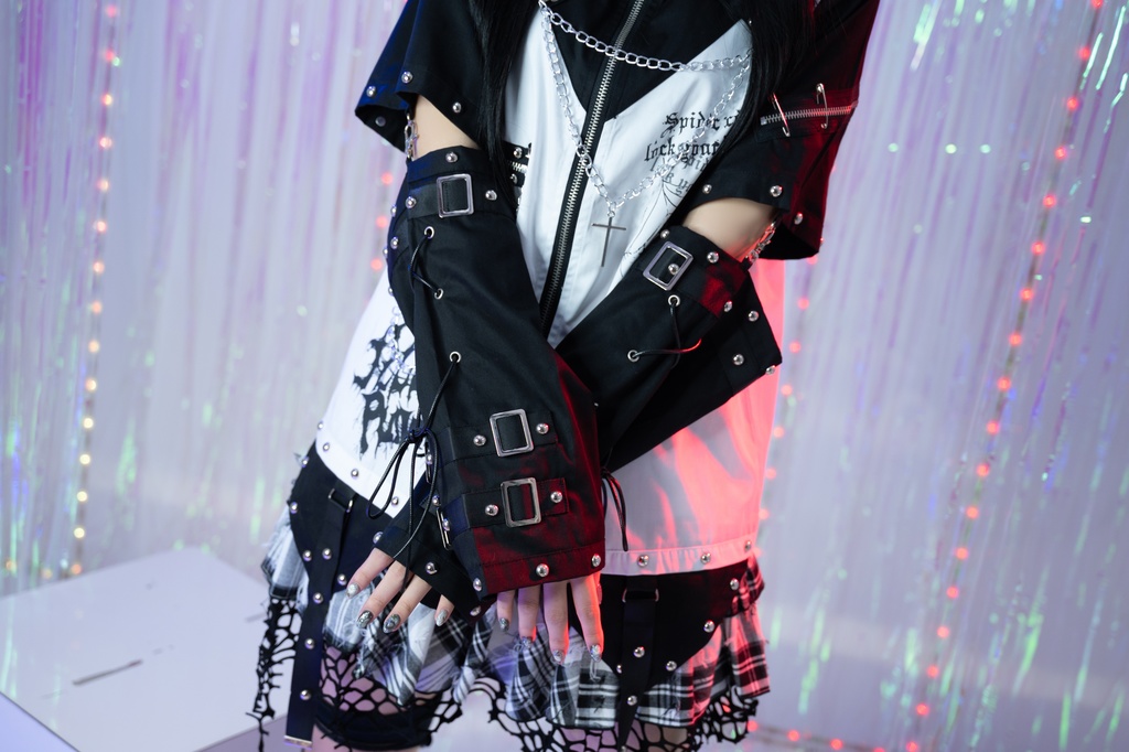 Jillpunk ヘヴィメタル バンギャ パンクロック 仿生悪魔 フェイクベスト レイヤードジップシャツ アームカバー チェーン付き 半袖ジャケット オリジナル メンズ レディーズ クール おしゃれ男女兼用カッコいい