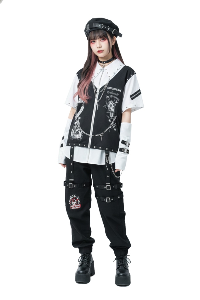 Jillpunk ヘヴィメタル バンギャ パンクロック 仿生悪魔 フェイクベスト レイヤードジップシャツ アームカバー チェーン付き 半袖ジャケット オリジナル メンズ レディーズ クール おしゃれ男女兼用カッコいい