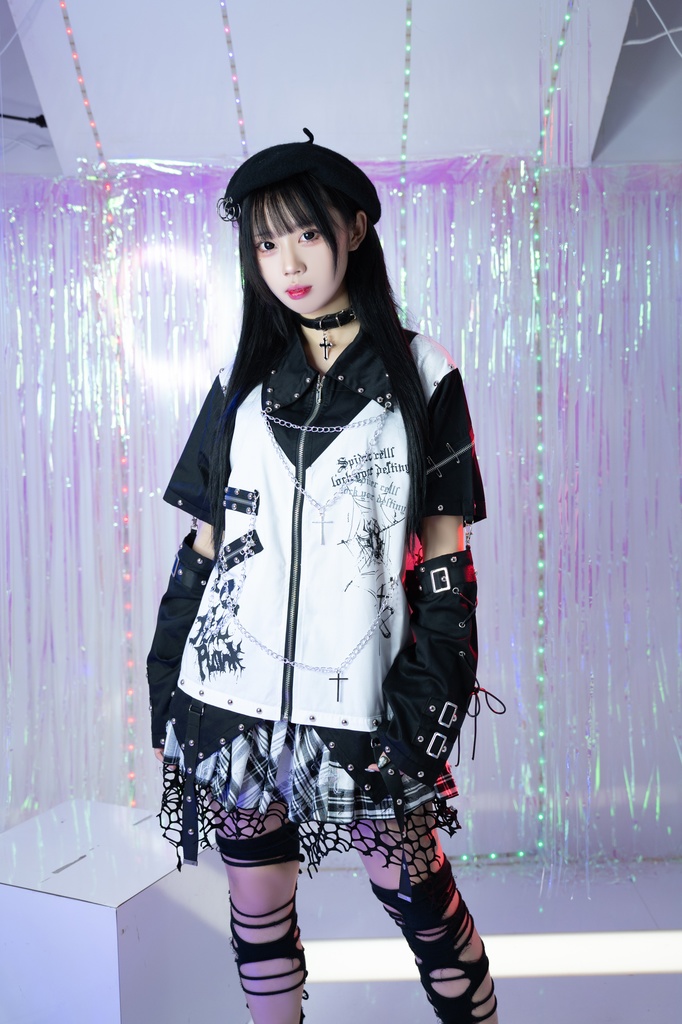 Jillpunk ヘヴィメタル バンギャ パンクロック 仿生悪魔 フェイクベスト レイヤードジップシャツ アームカバー チェーン付き 半袖ジャケット オリジナル メンズ レディーズ クール おしゃれ男女兼用カッコいい