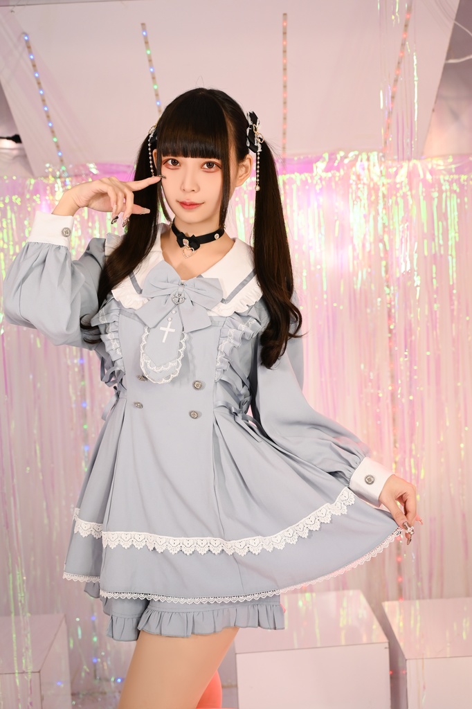 Jillpunk 量産型 ゆめかわ ロリータ ゴシック聖詩 ネクタイ付き ダブルブレストドレス フリルヘム 長袖シャツワンピース+ショートパンツ セット オリジナル 姫系 可愛い おしゃれ ファッション萌え 秋葉原