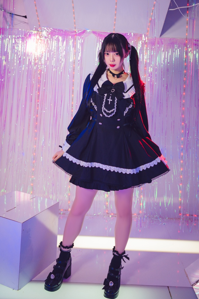 Jillpunk 量産型 ゆめかわ ロリータ ゴシック聖詩 ネクタイ付き ダブルブレストドレス フリルヘム 長袖シャツワンピース+ショートパンツ セット オリジナル 姫系 可愛い おしゃれ ファッション萌え 秋葉原