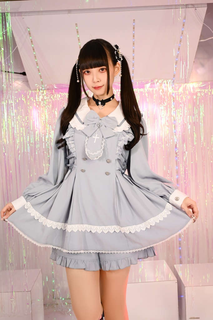 Jillpunk 量産型 ゆめかわ ロリータ ゴシック聖詩 ネクタイ付き ダブルブレストドレス フリルヘム 長袖シャツワンピース+ショートパンツ セット オリジナル 姫系 可愛い おしゃれ ファッション萌え 秋葉原