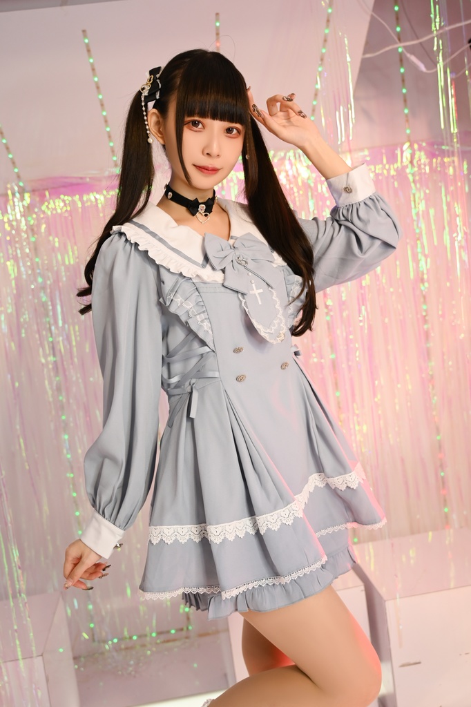 Jillpunk 量産型 ゆめかわ ロリータ ゴシック聖詩 ネクタイ付き ダブルブレストドレス フリルヘム 長袖シャツワンピース+ショートパンツ セット オリジナル 姫系 可愛い おしゃれ ファッション萌え 秋葉原