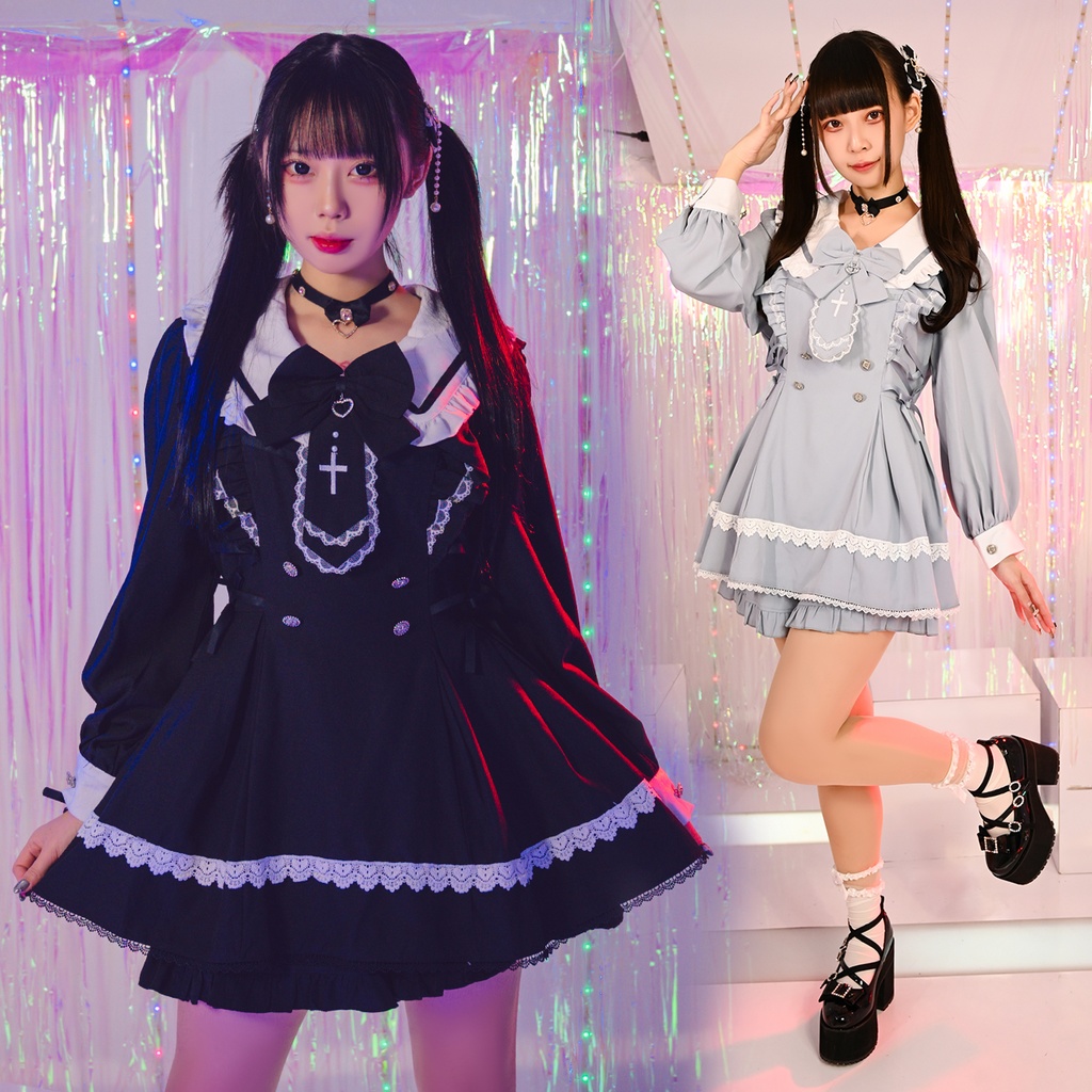 Jillpunk 量産型 ゆめかわ ロリータ ゴシック聖詩 ネクタイ付き ダブルブレストドレス フリルヘム 長袖シャツワンピース+ショートパンツ セット オリジナル 姫系 可愛い おしゃれ ファッション萌え 秋葉原