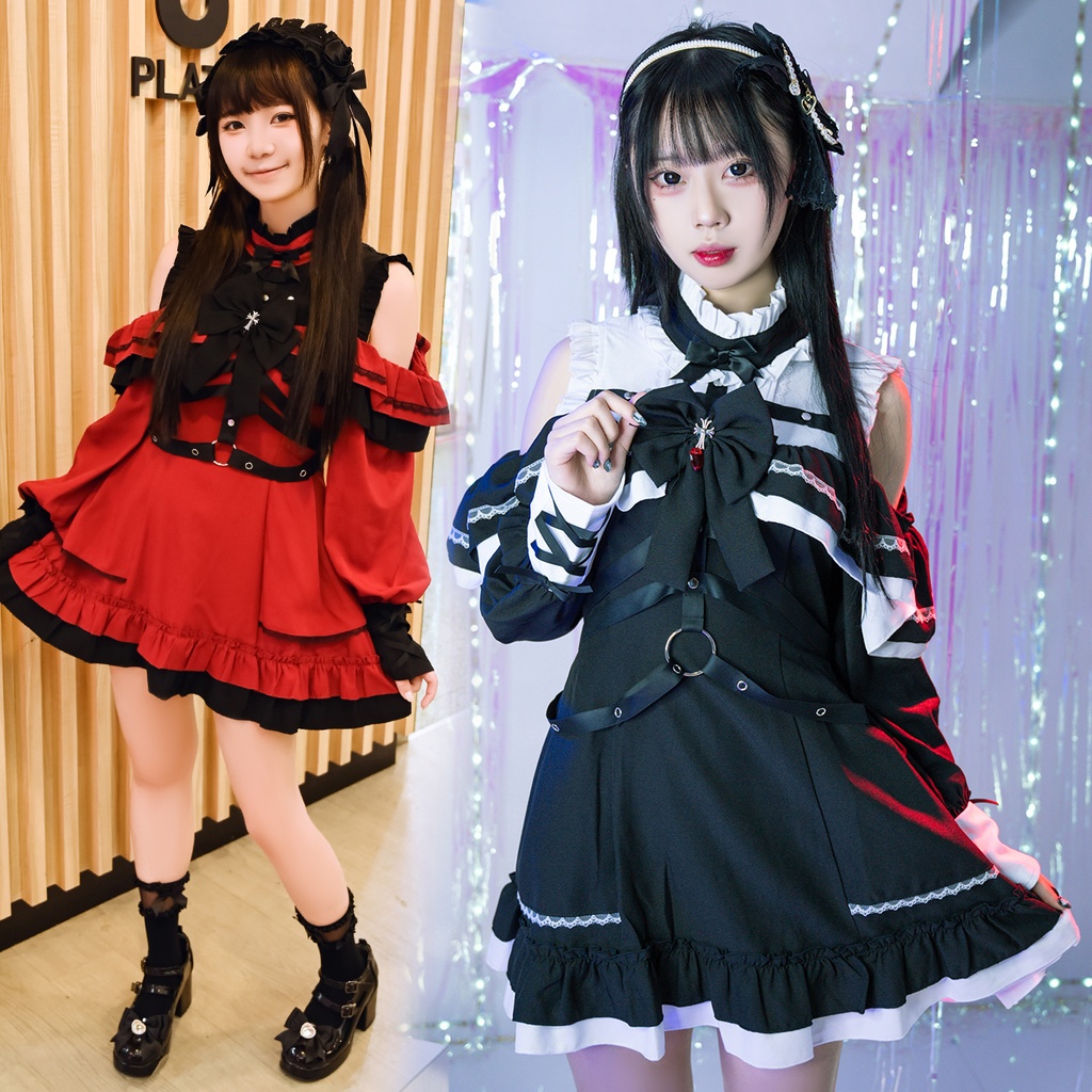 Jillpunk 地雷系 ダーク ゴシックロリータ 狂詩曲 ハーネス リボン付き 肩出し フリルヘム 長袖ワンピースドレス オリジナル 姫系 可愛い おしゃれ ファッション萌え 秋葉原 