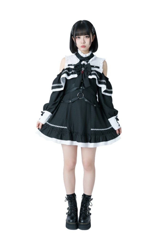 Jillpunk 地雷系 ダーク ゴシックロリータ 狂詩曲 ハーネス リボン付き 肩出し フリルヘム 長袖ワンピースドレス オリジナル 姫系 可愛い おしゃれ ファッション萌え 秋葉原
