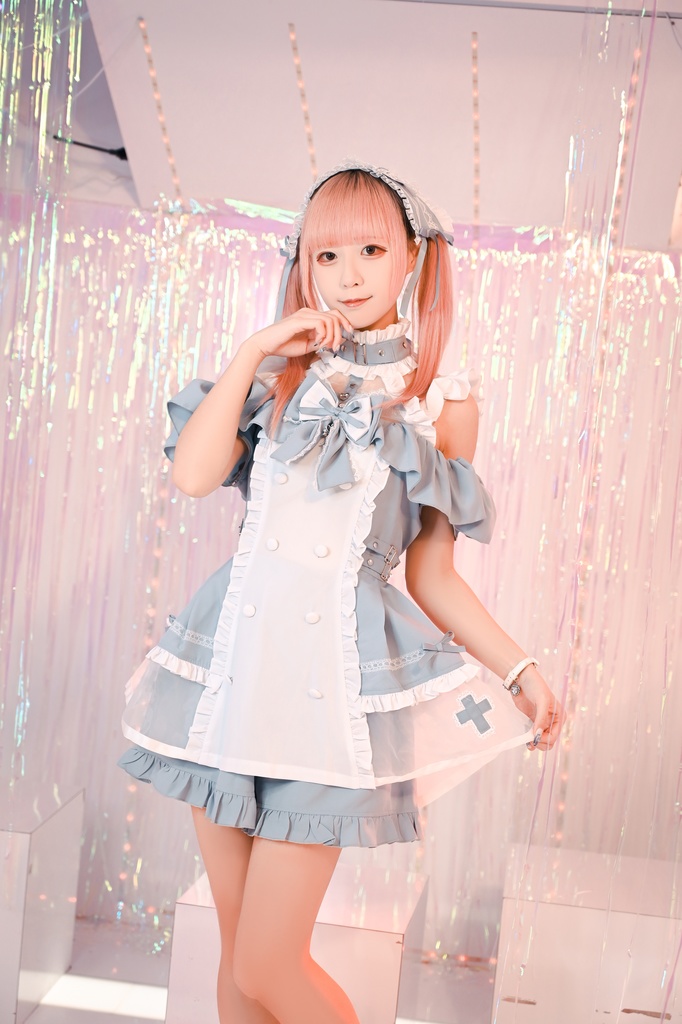 Jillpunk 水色 量産型 ゆめかわ ロリータ 天使の契約 ハイネック 肩出しドレス 透け透け リボン付き 長袖シャツワンピース+ショートパンツ メイド服セット オリジナル 可愛い おしゃれ ファッション萌え 秋葉原