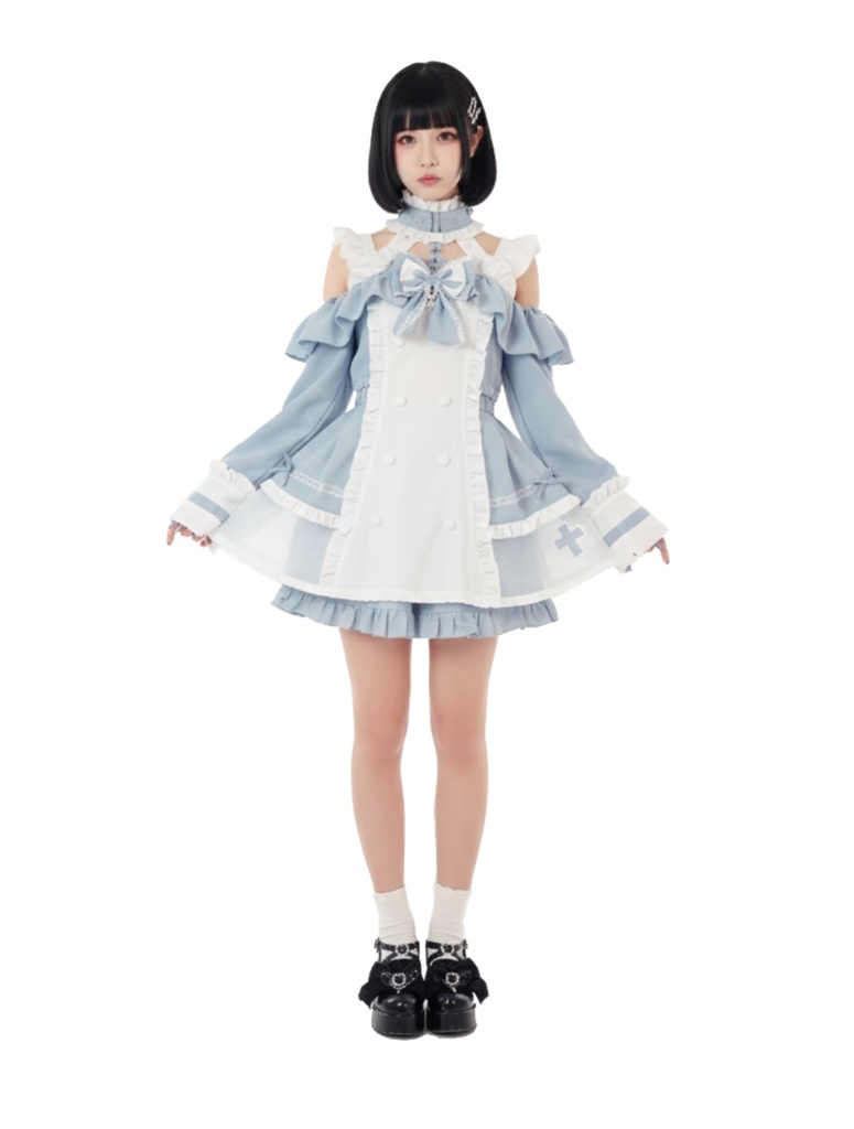 Jillpunk 水色 量産型 ゆめかわ ロリータ 天使の契約 ハイネック 肩出しドレス 透け透け リボン付き 長袖シャツワンピース+ショートパンツ メイド服セット オリジナル 可愛い おしゃれ ファッション萌え 秋葉原