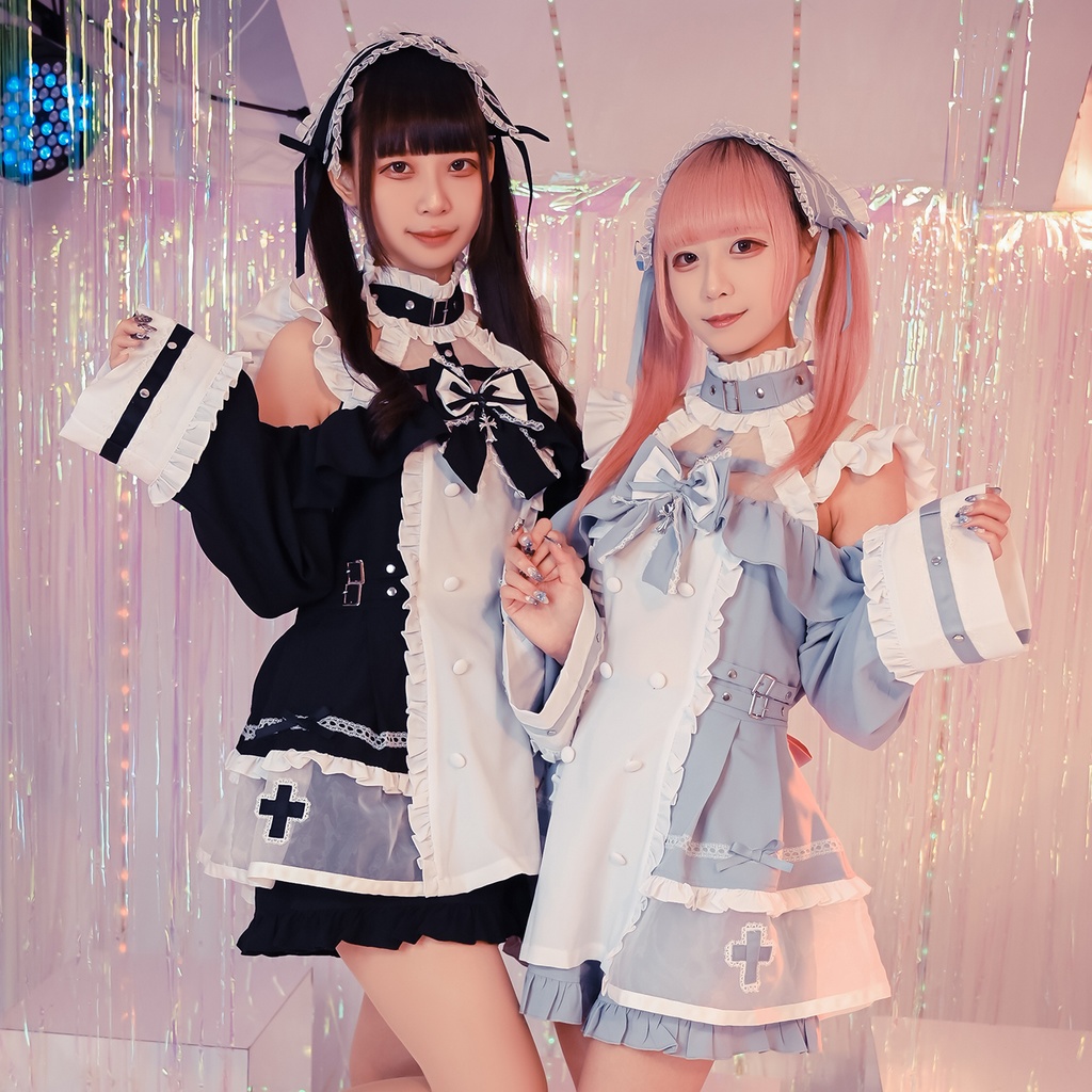 Jillpunk 水色 量産型 ゆめかわ ロリータ 天使の契約 ハイネック 肩出しドレス 透け透け リボン付き 長袖シャツワンピース＋ショートパンツ メイド服セット オリジナル 可愛い おしゃれ ファッション萌え 秋葉原