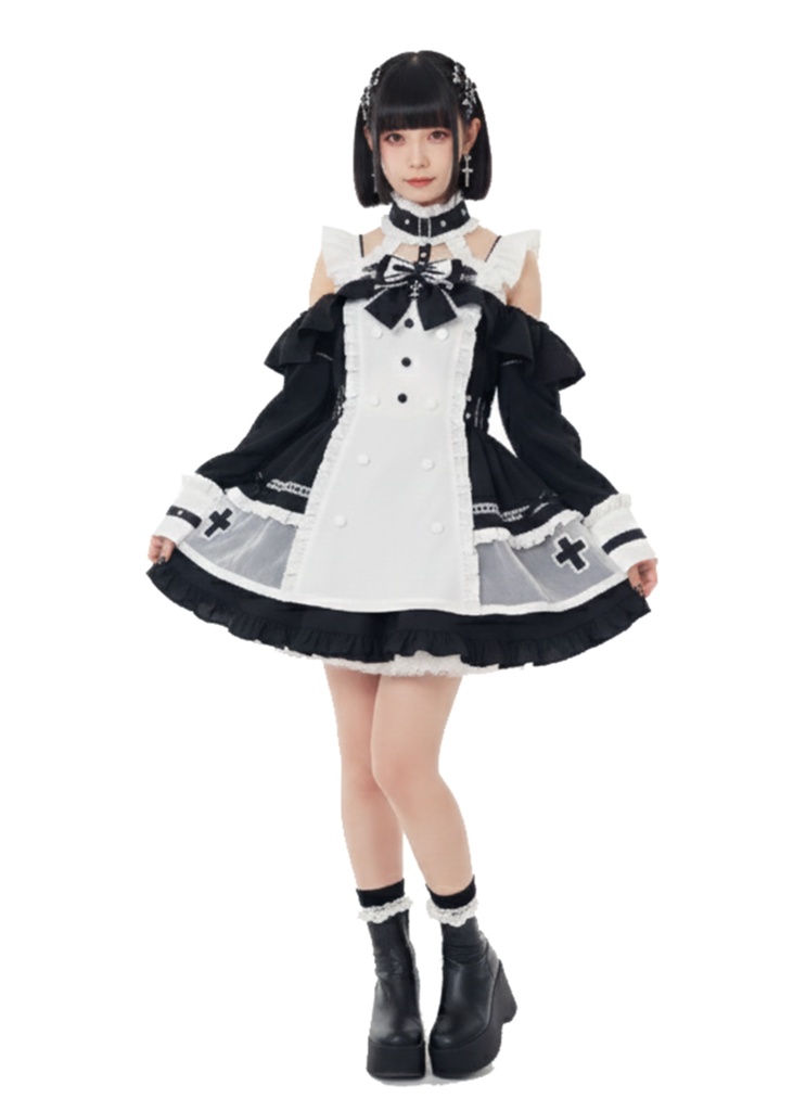 Jillpunk 水色 量産型 ゆめかわ ロリータ 天使の契約 ハイネック 肩出しドレス 透け透け リボン付き 長袖シャツワンピース+ショートパンツ メイド服セット オリジナル 可愛い おしゃれ ファッション萌え 秋葉原