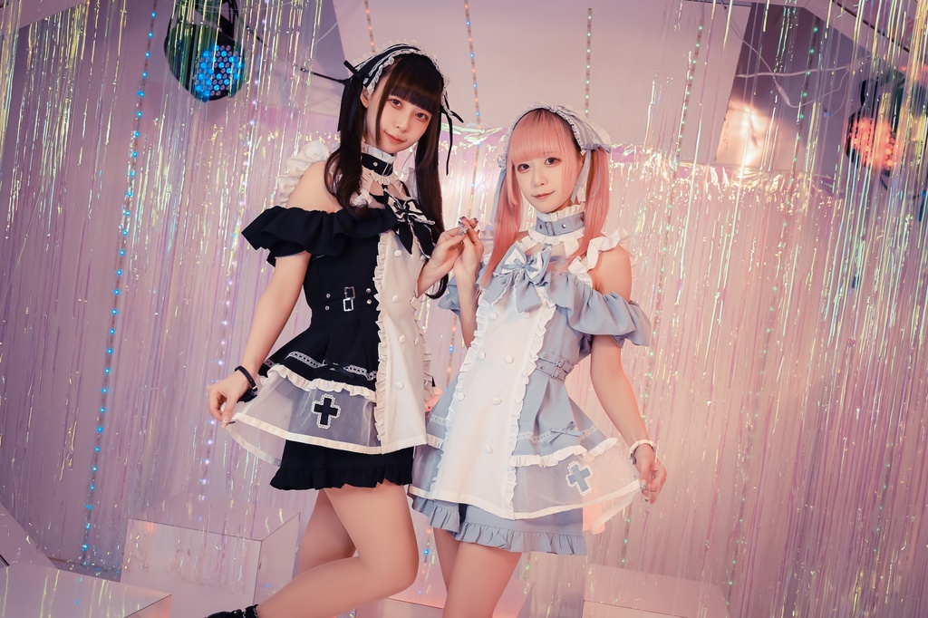 Jillpunk 水色 量産型 ゆめかわ ロリータ 天使の契約 ハイネック 肩出しドレス 透け透け リボン付き 長袖シャツワンピース+ショートパンツ メイド服セット オリジナル 可愛い おしゃれ ファッション萌え 秋葉原