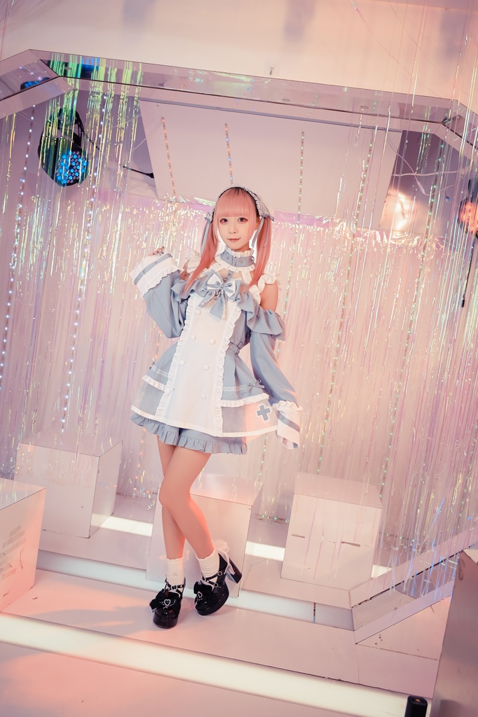 Jillpunk 水色 量産型 ゆめかわ ロリータ 天使の契約 ハイネック 肩出しドレス 透け透け リボン付き 長袖シャツワンピース+ショートパンツ メイド服セット オリジナル 可愛い おしゃれ ファッション萌え 秋葉原