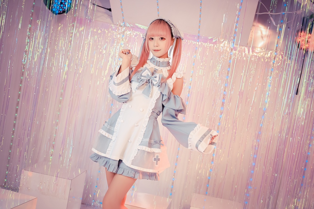 Jillpunk 水色 量産型 ゆめかわ ロリータ 天使の契約 ハイネック 肩出しドレス 透け透け リボン付き 長袖シャツワンピース+ショートパンツ メイド服セット オリジナル 可愛い おしゃれ ファッション萌え 秋葉原