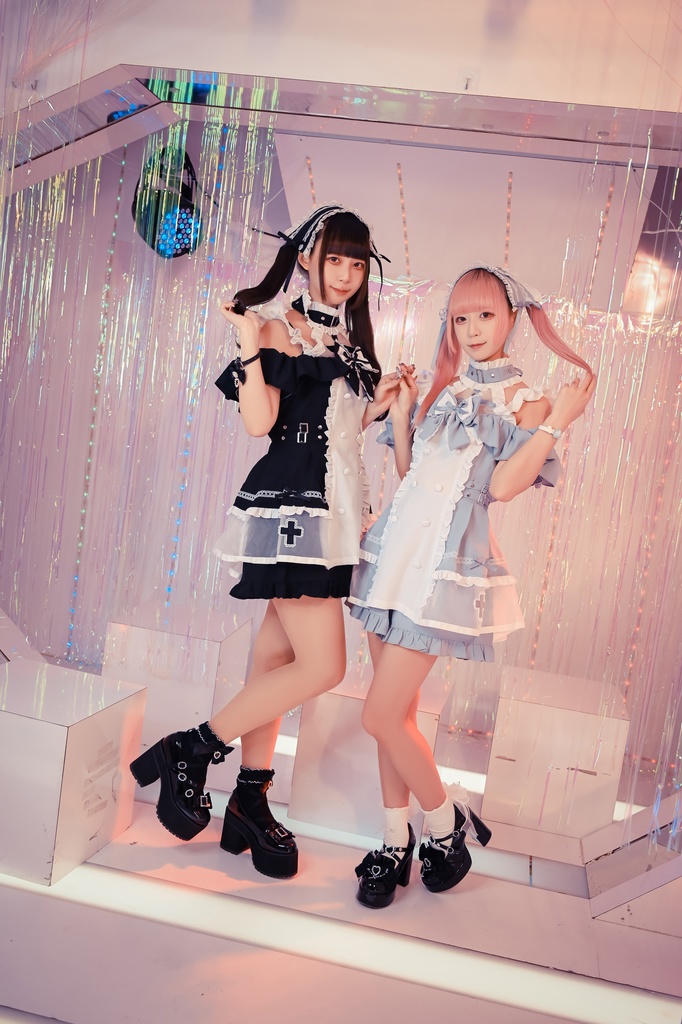 Jillpunk 水色 量産型 ゆめかわ ロリータ 天使の契約 ハイネック 肩出しドレス 透け透け リボン付き 長袖シャツワンピース+ショートパンツ メイド服セット オリジナル 可愛い おしゃれ ファッション萌え 秋葉原