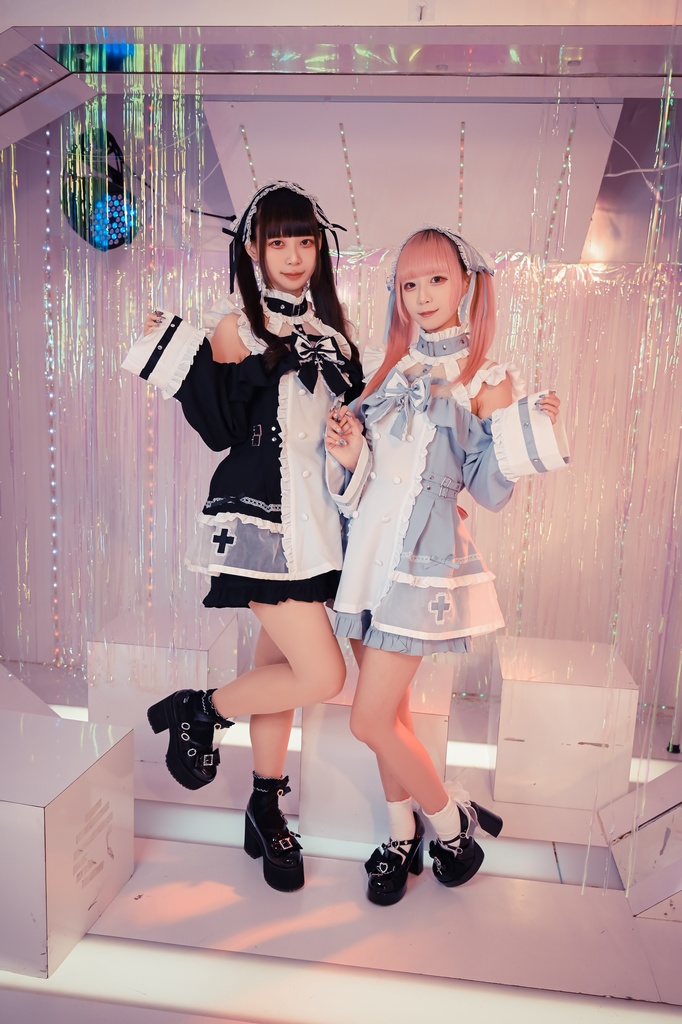 Jillpunk 水色 量産型 ゆめかわ ロリータ 天使の契約 ハイネック 肩出しドレス 透け透け リボン付き 長袖シャツワンピース+ショートパンツ メイド服セット オリジナル 可愛い おしゃれ ファッション萌え 秋葉原