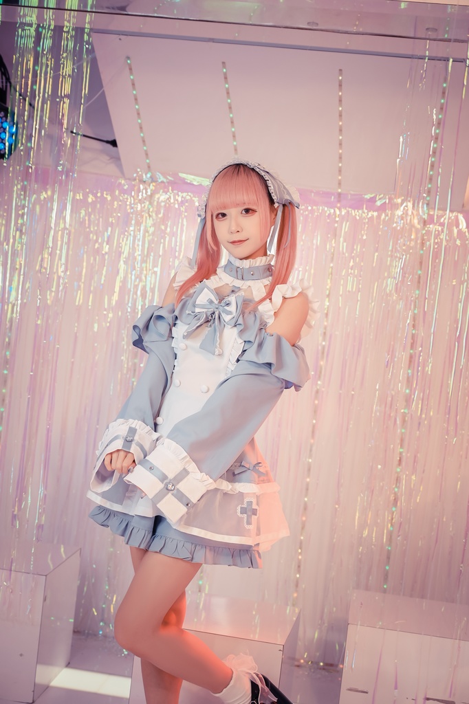 Jillpunk 水色 量産型 ゆめかわ ロリータ 天使の契約 ハイネック 肩出しドレス 透け透け リボン付き 長袖シャツワンピース+ショートパンツ メイド服セット オリジナル 可愛い おしゃれ ファッション萌え 秋葉原