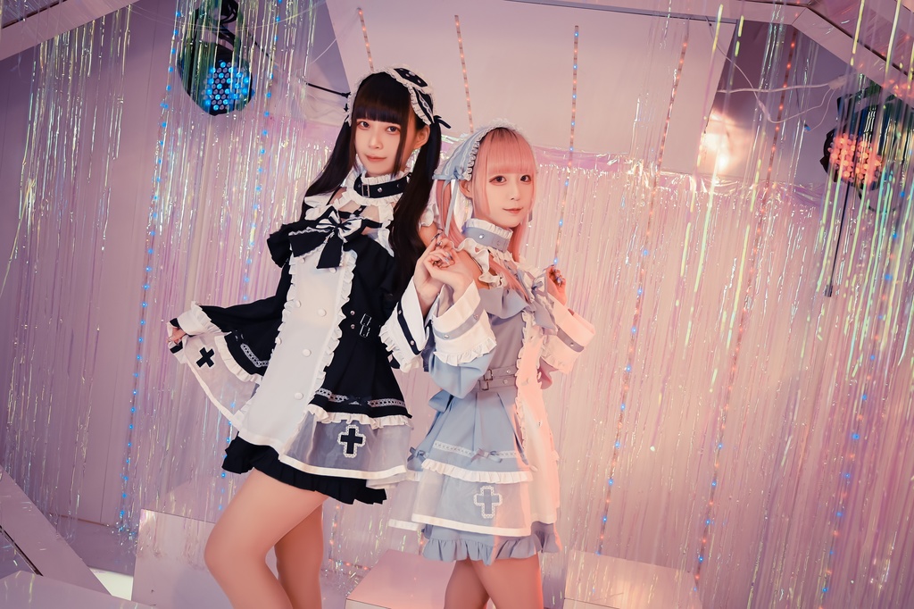 Jillpunk 水色 量産型 ゆめかわ ロリータ 天使の契約 ハイネック 肩出しドレス 透け透け リボン付き 長袖シャツワンピース+ショートパンツ メイド服セット オリジナル 可愛い おしゃれ ファッション萌え 秋葉原