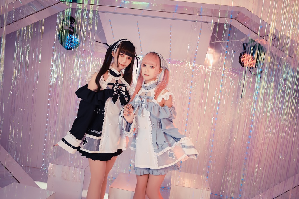 Jillpunk 水色 量産型 ゆめかわ ロリータ 天使の契約 ハイネック 肩出しドレス 透け透け リボン付き 長袖シャツワンピース+ショートパンツ メイド服セット オリジナル 可愛い おしゃれ ファッション萌え 秋葉原