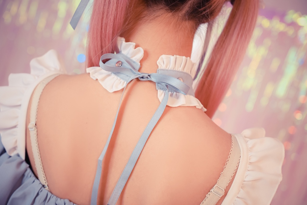 Jillpunk 水色 量産型 ゆめかわ ロリータ 天使の契約 ハイネック 肩出しドレス 透け透け リボン付き 長袖シャツワンピース+ショートパンツ メイド服セット オリジナル 可愛い おしゃれ ファッション萌え 秋葉原