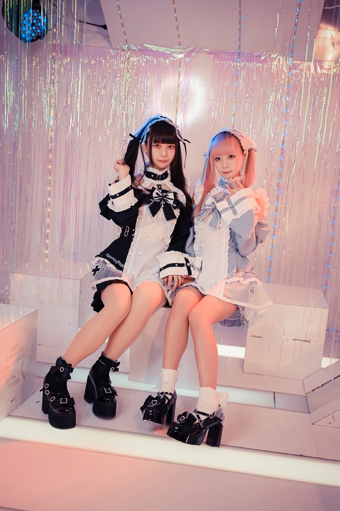 Jillpunk 水色 量産型 ゆめかわ ロリータ 天使の契約 ハイネック 肩出しドレス 透け透け リボン付き 長袖シャツワンピース+ショートパンツ メイド服セット オリジナル 可愛い おしゃれ ファッション萌え 秋葉原