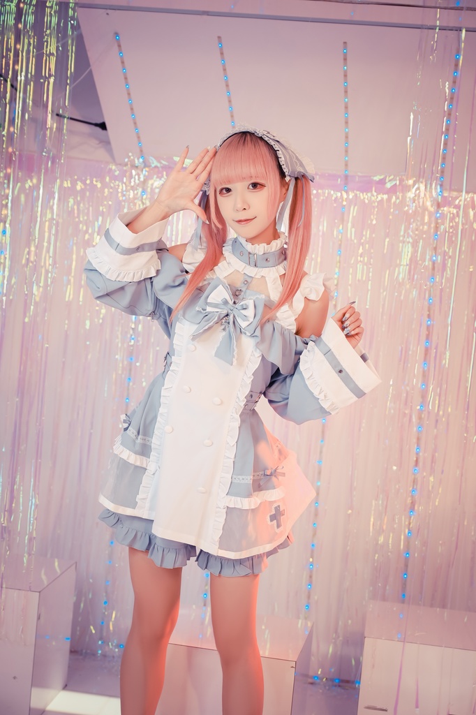 Jillpunk 水色 量産型 ゆめかわ ロリータ 天使の契約 ハイネック 肩出しドレス 透け透け リボン付き 長袖シャツワンピース+ショートパンツ メイド服セット オリジナル 可愛い おしゃれ ファッション萌え 秋葉原