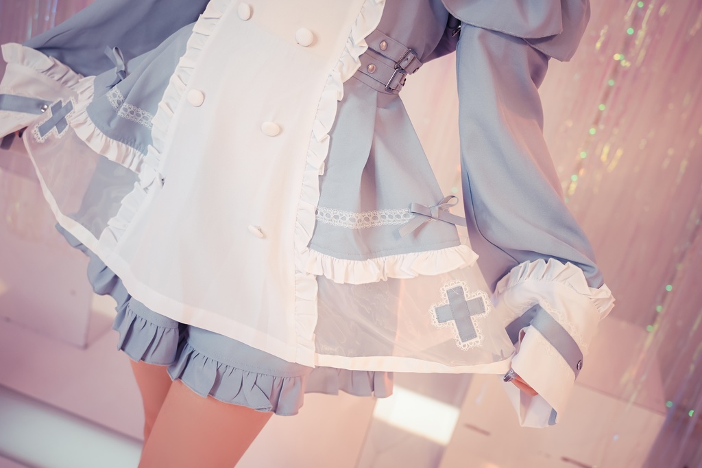 Jillpunk 水色 量産型 ゆめかわ ロリータ 天使の契約 ハイネック 肩出しドレス 透け透け リボン付き 長袖シャツワンピース+ショートパンツ メイド服セット オリジナル 可愛い おしゃれ ファッション萌え 秋葉原