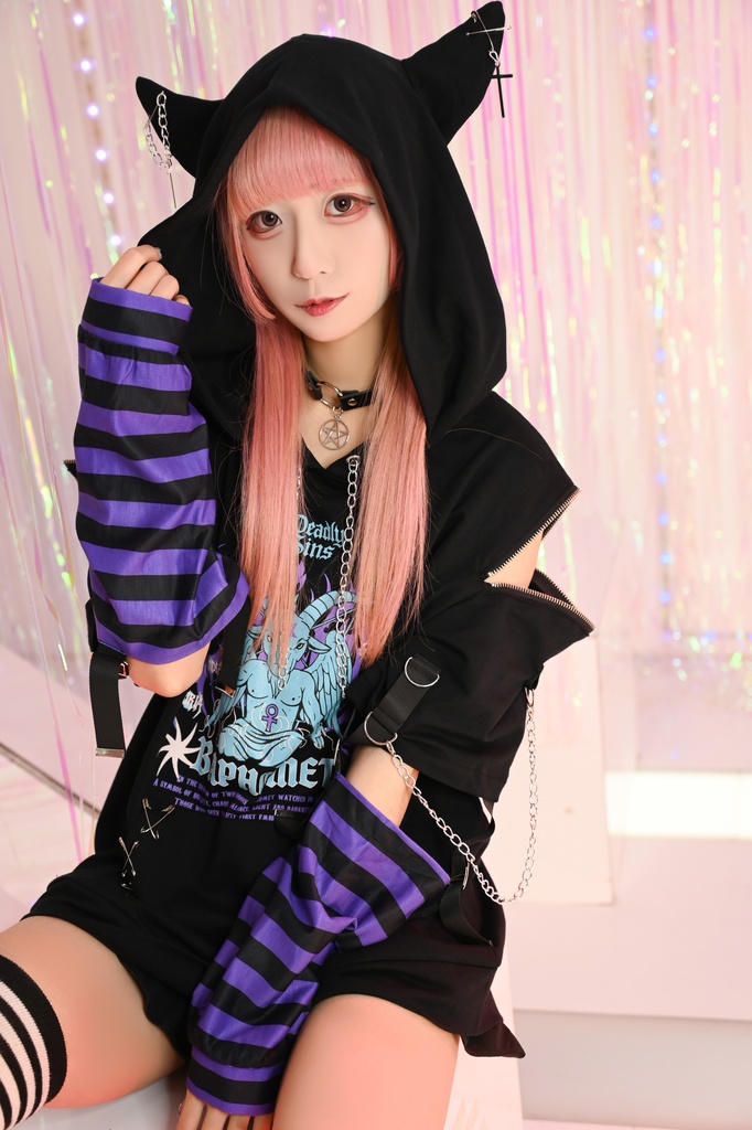 Jillpunk ヘヴィメタル パンクロック 罪悪の讃歌 バフォメット 悪魔角フード付きパーカー ボーダー柄アームカバー加工 半袖カットソーTシャツ オリジナル メンズ レディーズ クール おしゃれ男女兼用カッコいい